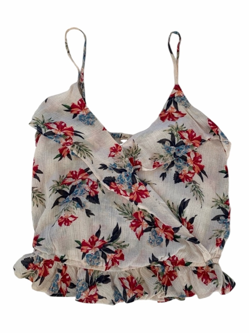 Hollister Wrap Ruffle Top Women’s S Cream Red Tank Floral Adjustable Tropical